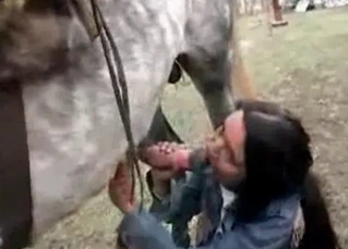 Brunette jockey sucks a tasty stallion dick