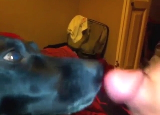 Guy feeds hard cock to his slutty black dog